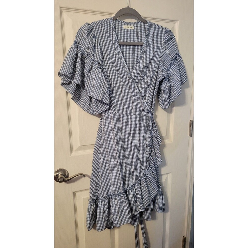 Max Studio Gingham Ruffle Wrap Dress Blue White A912B60 Great Condition Size S M